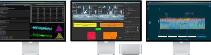 Mac Studio and three Studio Displays, all featuring different macOS apps on screen