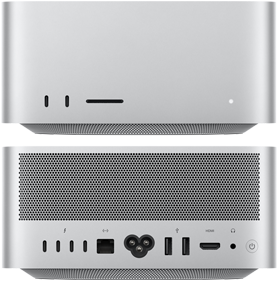Mac Studio front 2 USB-C ports and SDXC card reader, and back view of 4 USB-C and 2 USB-A ports, Ethernet port, HDMI connection and headphone jack