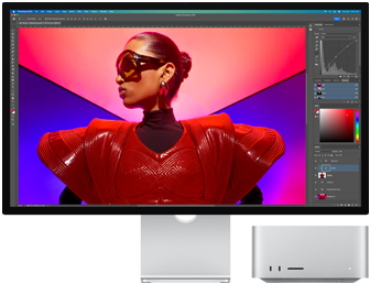 A vibrant photo being edited using a Mac Studio and Studio Display