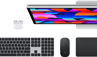 Mac accessories: AirPods, Studio Display, Black Magic Keyboard with Touch ID, Black Magic Mouse and Black Magic Trackpad