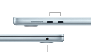 Side views of MacBook Air showing ports: MagSafe and two Thunderbolt 4 ports on left side, headphone jack on right side