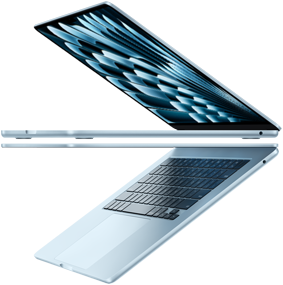Two open MacBook Air laptops in Sky Blue colour forming arrow shape, emphasizing narrow profile