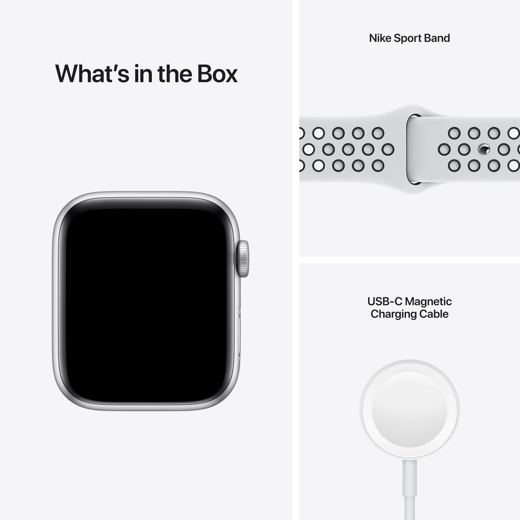 Apple Watch Nike SE GPS, Silver Aluminium Case with Pure Platinum/Black Nike Sport Band - Regular