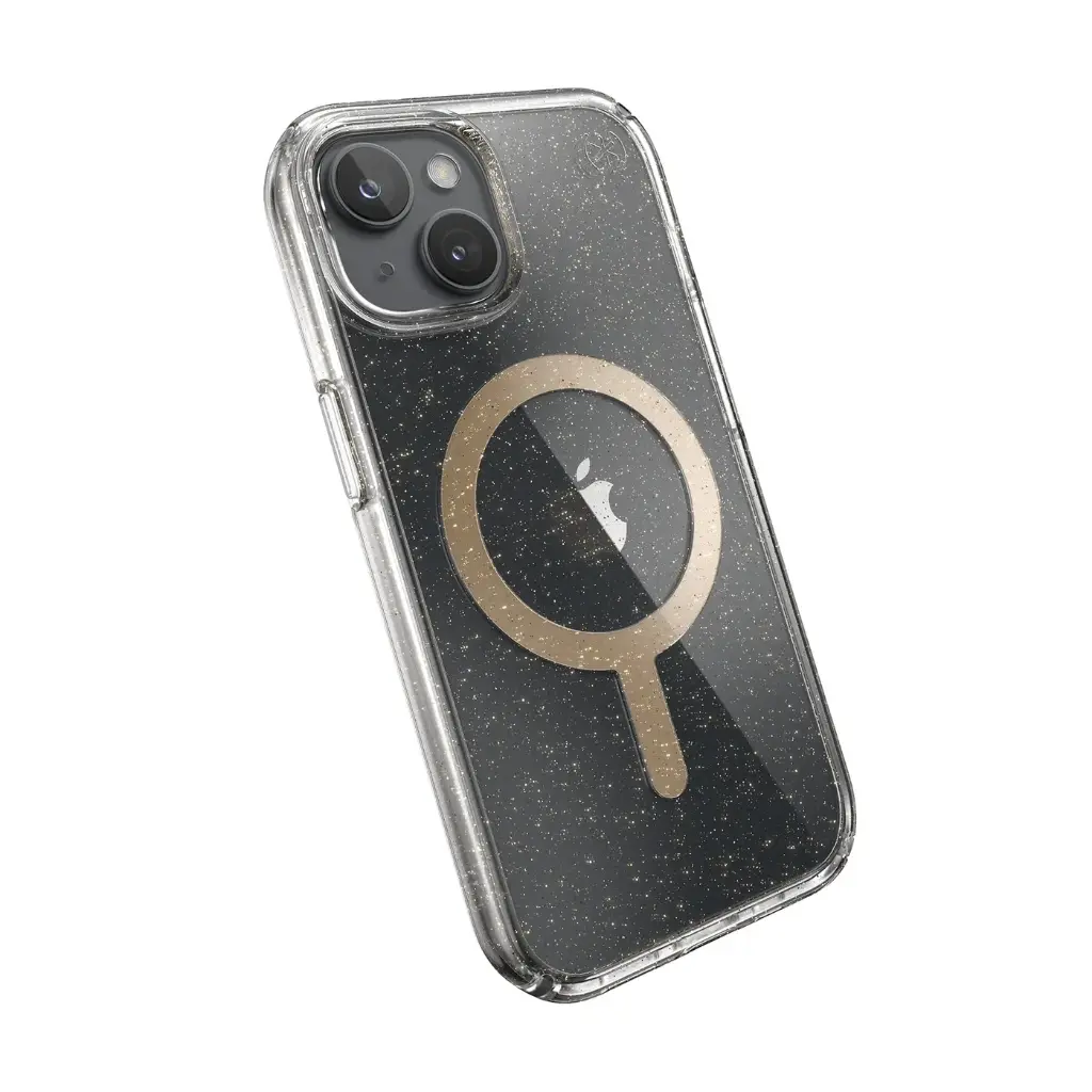 Speck Presidio Lux Case with ClickLock/MagSafe for iPhone 13/14/15/16e - Clear / Gold Glitter